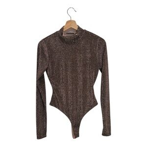 Naked Wardrobe Shimmer Bodysuit L Bronze Gold Mock Neck Long Sleeve Party $58
